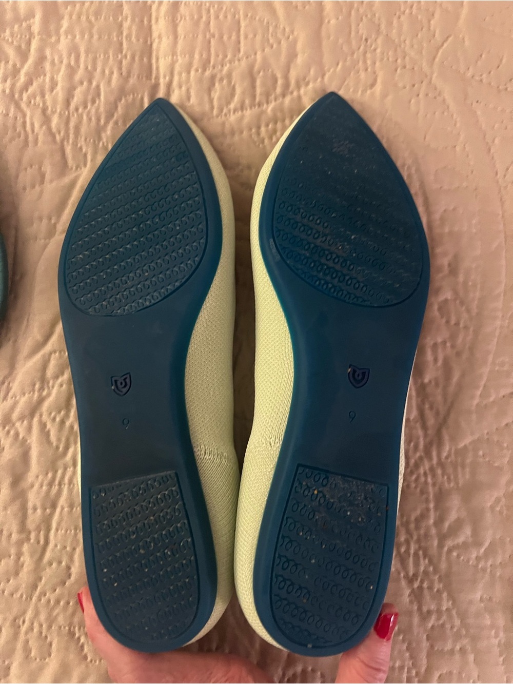 Rothy's Pointed Toe Flats in Pale Yellow with Blue Soles